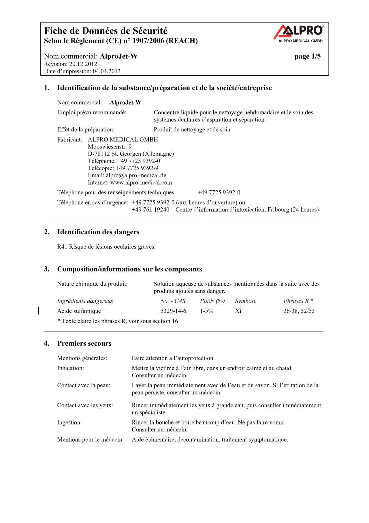 Fiche de données de sécurité | AlproJet-W › Komet Dental